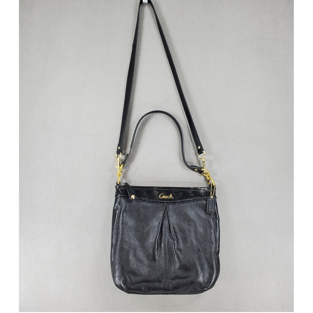 Coach‎ Crossbody Bag Womens Black Leather Snakeskin Trim Gold Hardware F20114